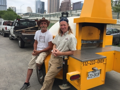 Jeff (of Jack Allen's Kitchen) and Dave relax before setting up for the Fire Pit at this year's Austin Food + Wine Festival. Mobile Wood-burning oven.